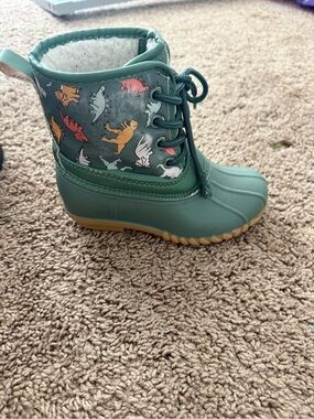 Fabletics Teal Kids' Dinosaur Lace-Up Rain Boots with Multi-Color Dinosaurs